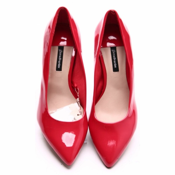 Stradivarius size 37 bright red patent leather kitten heel pumps - Picture 1 of 11